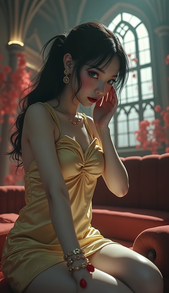 ((Masterpiece, Best quality:1.3), (ultra detail:1.3), 1 girl, One, (dark hair, shoulder-length, long hair), (elegant body, dark stylish T-shirt, beautiful hands in jewelry bracelets, tattoos), ( rock star)). ((Calm look, relaxed pose, holding a lily flower in his hand.) (standing). (Modern interior, art deco, studio room, many flowers - lilies, high ceilings)) . Best quality, (SURREALISM: 1.3)). (real flowers decorate the interior in simple glass vases on the floor), (the flowers look amazing). ((masterpiece: 1.2), (realism: 1.2), (Best quality), (special attention to character, colors, room elements: 1.3)). (Open window, exquisite design, mostly in light colors: white, blue, yellow, gold). (High light ceiling).((Realistic 3D visualization, super detail, ray tracing, flooded sunlight, contrasting shadows - cool tones, warm soft light)). Modern style (Modern), (High-Tech), (Surrealism: 1.3), Excellent, high quality. Hand-drawn realism.