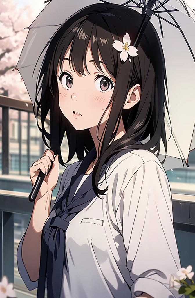 nakahara misaki, 1girl, solo, short hair, black hair, brown eyes, black eyes nakahara misaki, 1girl, solo, short hair, black hair, brown eyes, black eyes, looking at viewer, :o, blush, school uniform, white jacket, white umbrella, holding umbrella, cherry blossoms, portrait, close-up, (from side:0.6)
