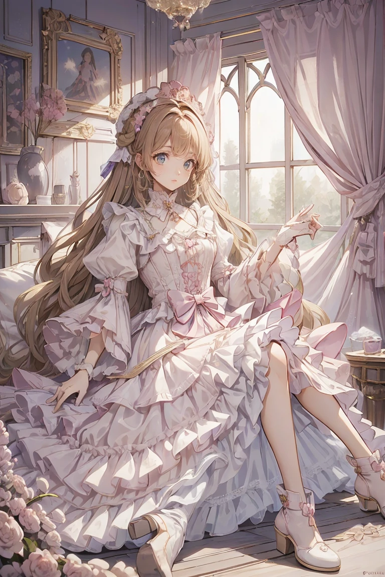 (Highest quality,4K,High resolution,masterpiece:1.2),Very detailed,Realistic:1.37,,(whole body, I can see your feet and shoes: 1.2),、((whiteDress)), Hyperrealistic photo of a girl in a majestic light pink and gold ball gown dress, Big beautiful dress, Lots of frills and rhinestones、Intricately voluminous ball gown (Highest quality, Tabletop, Art Station, Fantasy art:1.2), Beautiful cute girl, (Long blonde curly hair:1.1), (Intricate short gold skirt, whole bodyショット)、Anime Style、Storytelling、、Beautiful girl、Very cute angel、Pink Gothic Dress、cute、Baby Face、smile、Long Skirt、,Black long boots、Highest quality, masterpiece, 最High resolution, artwork, super それにGet used to it, many Get used to it, Get used to it, それにGet used to it, woman, ,((Pink Victorian Voluminous Ball Gown Dress)),Long dress,A dress with lots of frills and ribbons..Wearing a tiara on her head,luxury,One person, Pink brown hair,Pink Eyes、Pink World,(A girl wearing a pink princess skirt),Pink Hair,pink bedroom layout,Pink Bed,Pink mosquito net,Pink furniture,Pink color palette,(tangled, Mandala, Tangle, enTangle:0.6),(Making Art),The most beautiful chaotic shapes,Beast Design,behind,Pink High Heels,Perfect hands,
