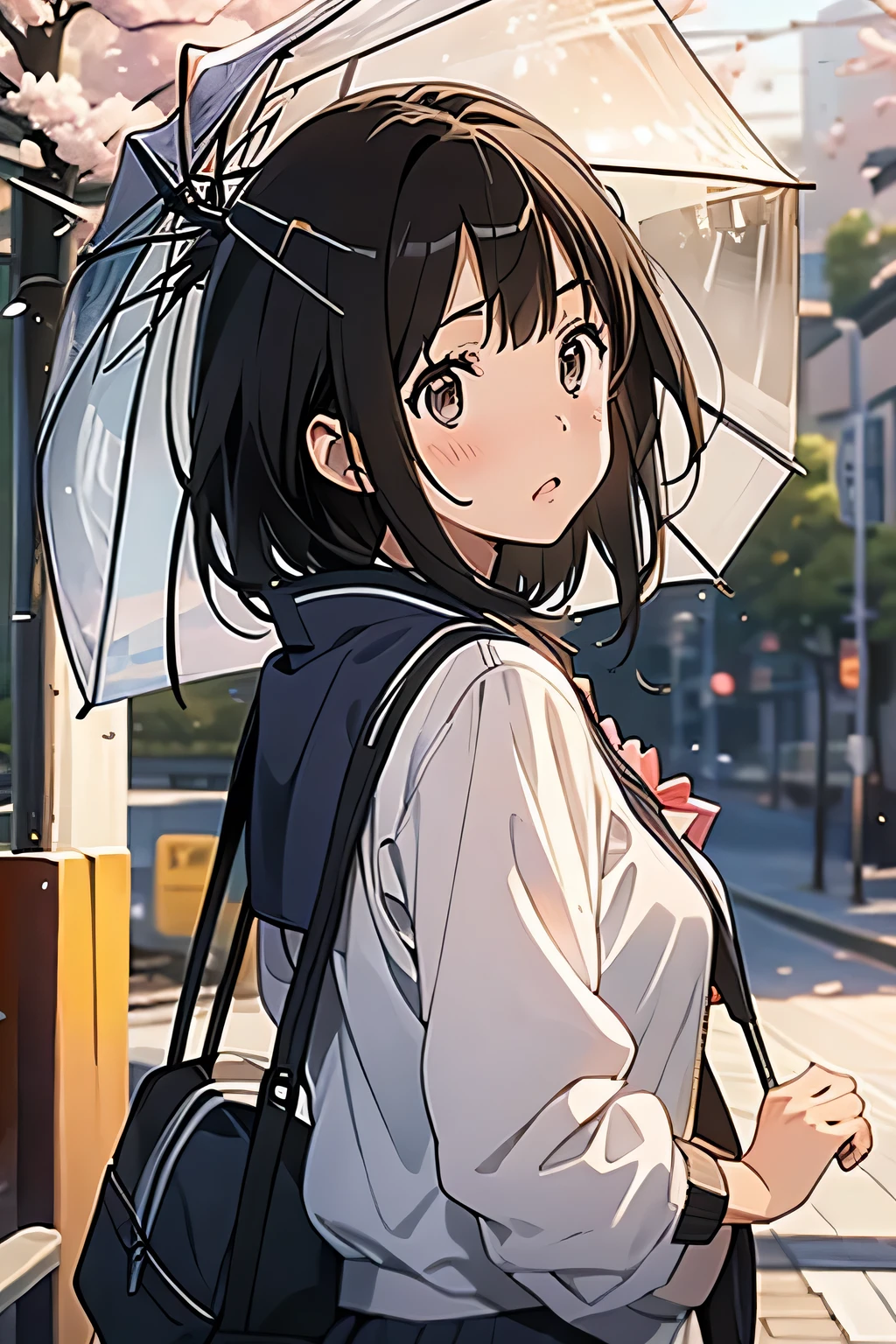 nakahara misaki, 1girl, solo, short hair, black hair, brown eyes, black eyes nakahara misaki, 1girl, solo, short hair, black hair, brown eyes, black eyes, looking at viewer, :o, blush, school uniform, white jacket, white umbrella, holding umbrella, cherry blossoms, portrait, close-up, (from side:0.6)
