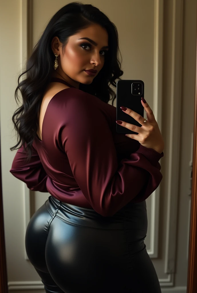 mexican girl,full body,gordita,black sweater with flower pattern,stockings,black boots,coquettish smile,black skirt,big breasts,huge butt,view from the back,illustration,detailed facial features,detailed eyes and lips,medium:1.1,ultra-detailed,photorealistic:1.37,vivid colors,dark and warm tones,studio lighting