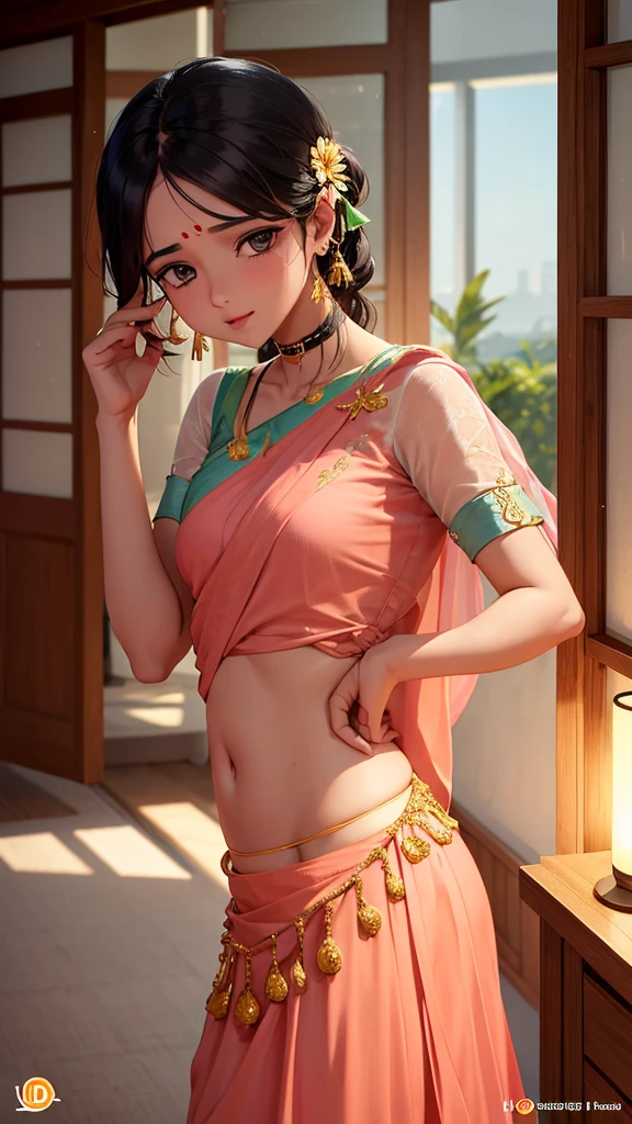 masterpiece, absurdres, nobara k, 1girl, solo, smiling, mature female, wearing indian saree, saree, looking at viewelling petals), perfect composition, detailed lips, big breast, beautiful face, body proportion, blush, (pink lips), brown hair, opened hair, soft gaze, super realistic, detailed, photoshoot, realistic face and body, full body picture, 16k, at a flower garden
