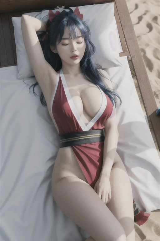 masterpiece, best quality, beautiful art, high resolution, well formed hands, body and fingers, 1 woman, solo, long blue  hair, blue eyes, blue makeup, blue lipstick,adult, grown up,  cosplaying as Mai Shiranui , mai_shiranui_cosplay, adult, blue sexy Japanese clothes, large and big breasted, cleavage, full body picture, hair ribbon, holding fans on her hands, gorgeous legs and, thighs, sexy Japanese clothes, hair ornament , sexy and bare legs , hips and thighs,   panties peek ryona,in peril, she is defeated, knocked out, passed out, closed eyes, fainting, exhausted, unconscious, laying down on the sand, extended exposed body, full body on the sand, breathing heavily, bouncing breasts, sexy defeated and KO pose, defeat and KO scene, fallen beauty, martial arts tournament with beach environment ryona,in peril, she is defeated, knocked out, passed out, closed eyes, fainting, exhausted, unconscious, laying down on the sand, extended exposed body, full body on the sand, breathing heavily, bouncing breasts, sexy defeated and KO pose, defeat and KO scene, fallen beauty, martial arts tournament with beach environment 