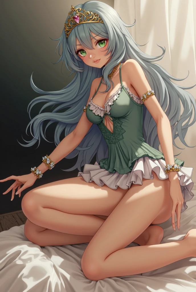 (Best Quality,High resolution,8k,finelity detailed background,Masterpiece:1.2),beautiful girl,Shiny green hair,messy hair,Green Eyes,Gentle look,A refreshing look,Best quality,Best Quality,Aesthetic and aesthetic:1.2,Best details((Super detailed))(High-definition CG illustrations),White underwear (white,intricate lace),Slender body,Late Night,Moonlit Night,Bedroom,On the bed,smile,blush,cute,Scrounge,Looking up,Being spoiled,super model,on back,shoot from above