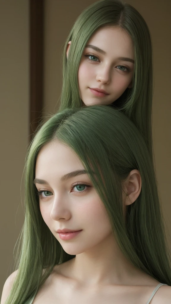 a girl. European. Extremely detailed face. Oval face. Delicate facial features. Half-closed eyes. Long straight hair. Messy hair. Bangs. Green hair. Green eyes. Big breasts. Green silk nightgown. Lustful expression