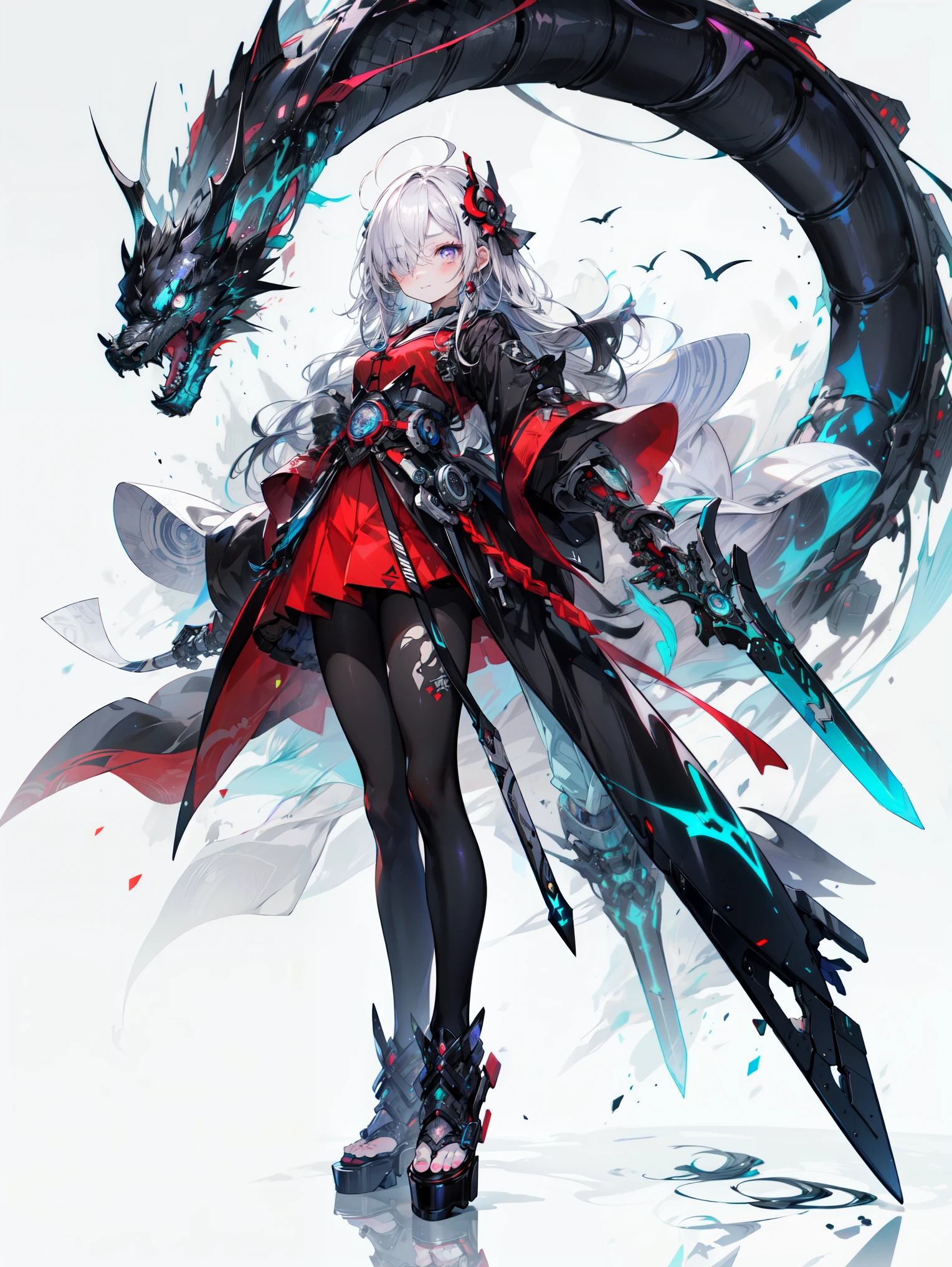 Engineering Drawings, Thin line pen drawing, dark, Futuristic silhouette of a black dragon cyborg girl, whole body, Long flowing coat, Wields a giant greatsword with a mechanical blade, Standing on a reflective surface against a minimalist light grey background、break、Shrine maiden), Perfect Face, A kind smile、Get used to it, Ahoge, ((Long Hair:1.2)), (Hair above one eye:1.3), [[Smooth Hair]], Black Hair, Purple eyes, Colorful eyes, Shining Eyes, (eyelash, Eyeshadow, ピンク Eyeshadow), Design Art：Haruhiko Mikimoto, by Kawashi, By Yoshitaka Amano,Military uniform dress
