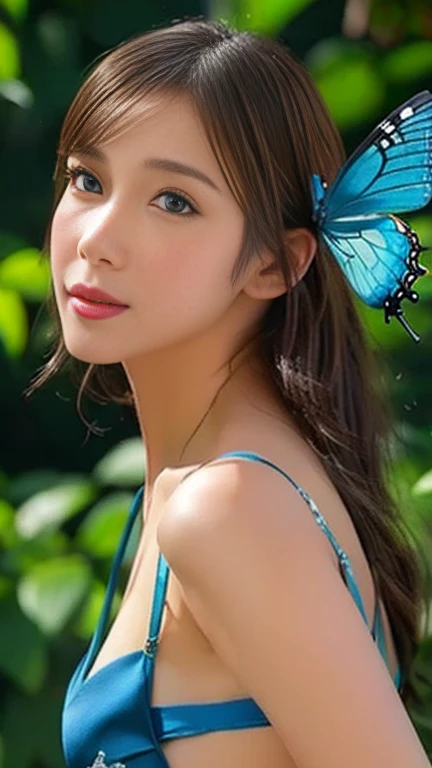 (8K、Live shooting、realistic:1.25)、1 girl、A fairy like a 14 year old girl with a beautiful face、in the forest、flying in the sky、blonde、Aori Shot、fairy wings are transparent、shy smile、whole body、luminous bikini swimsuit、lip gloss、Glossy skin、highest quality、ultra high resolution、
