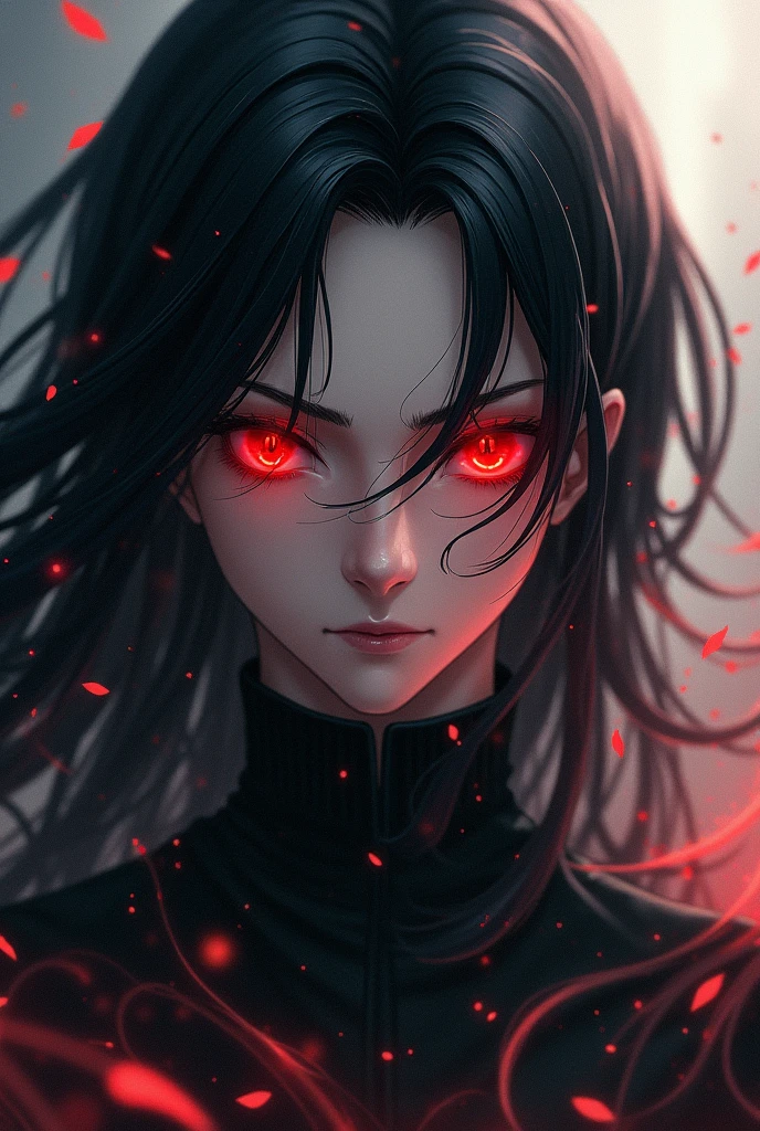impasto,dark,dark, 1girl, hair covering one eye, one eye open, fiery red eyebrows, beautiful eye, cross-shaped pupil, black hair, partially floating red hair
