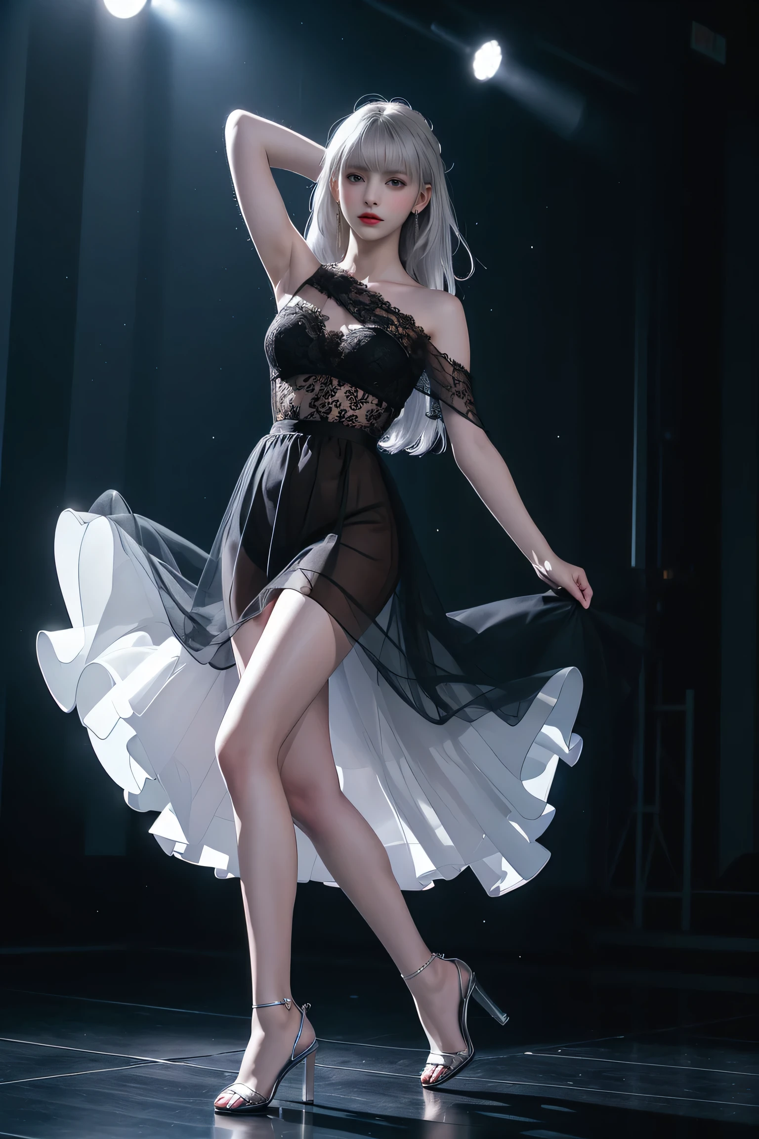 Araffe in a black and white dress is posing on a stage - SeaArt AI