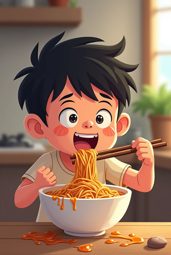 A healthy boy with down straight hair wearing tshirt and shorts sitting on sofa and eating noodles