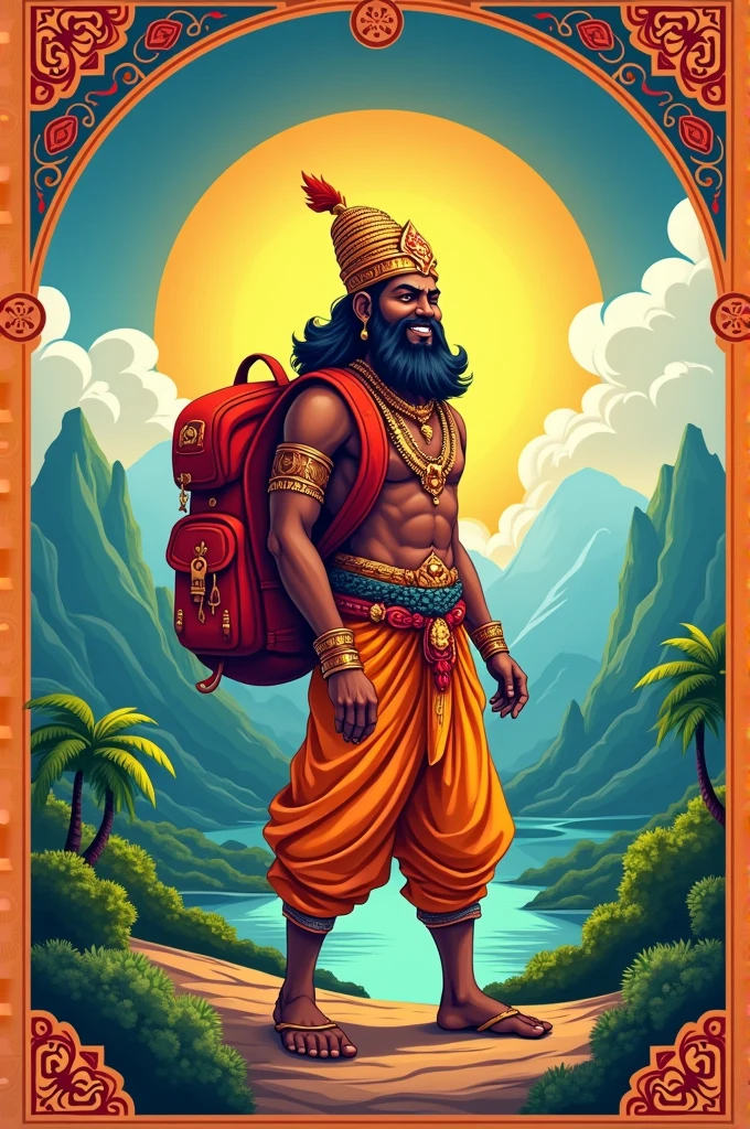 The image depicts a cheerful, regal figure with a large build. He is adorned in traditional attire, featuring a white and gold dhoti and a shawl draped over his shoulders. The figure wears numerous gold ornaments, including necklaces, bracelets, and a crown with intricate detailing. He holds a large umbrella in one hand, a symbol of royalty, and raises his other hand in a gesture of blessing or greeting. His expression is warm and welcoming, with a broad smile and wide eyes.He have no beard and he carries lots of school bags.background white.Large moustache and no beard