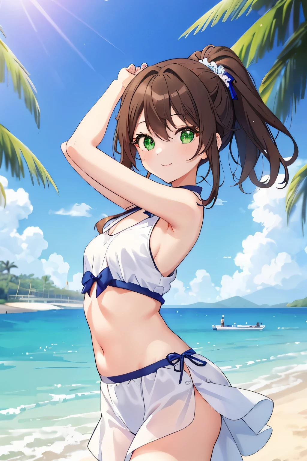 1 girl, Brown_hair, Brown_eye, hin, rining:Safety, 一人in, short_hair, Day, belly button, food, chest, blush, null, looking for_in_viewer, bikini, swimsuit, Thighhighs, small_chest, cloud, jewelry, between legs