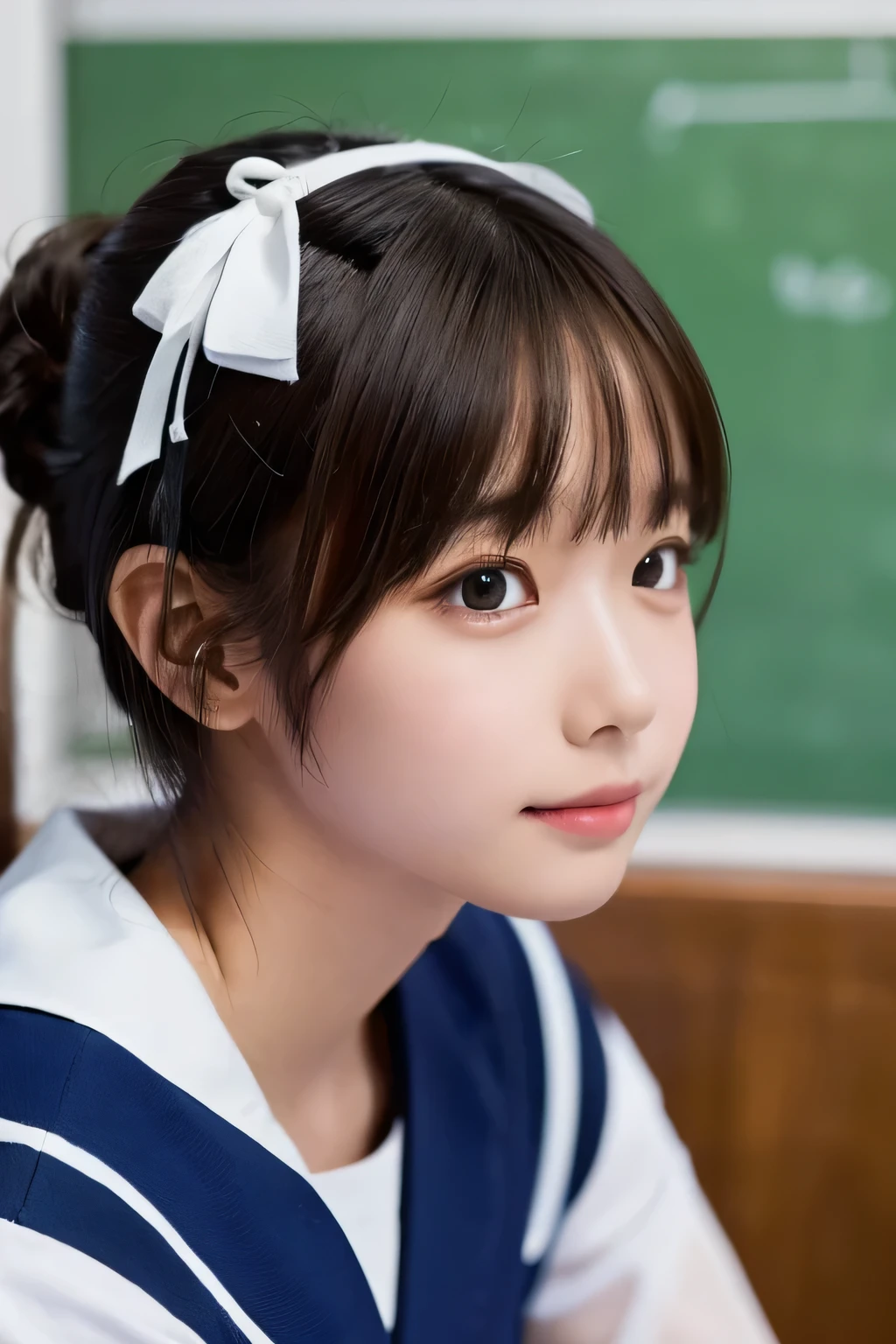 (A girl sitting in a seat and looking at me:1.5), Baby Face , (Best Quality:1.4), (Very detailed), (Very detailed美しい顔), Evenly balanced eyes, (Short-sleeved sailor uniform :1.3), (School uniform:1.3), Beautiful face and eyes, iris, Short Hair, The Beauty of Japan, smile, (Skinny body type:1.5), (Flat Chest:1.5), Smooth, Very detailed CG synthesis 8k wallpaper, High-resolution RAW color photos, Professional photography, Light, BackLight, Dreamy, Impressive, Written boundary depth, classroom,  (Face close-up:1.4), (Shooting from the side:1.5)