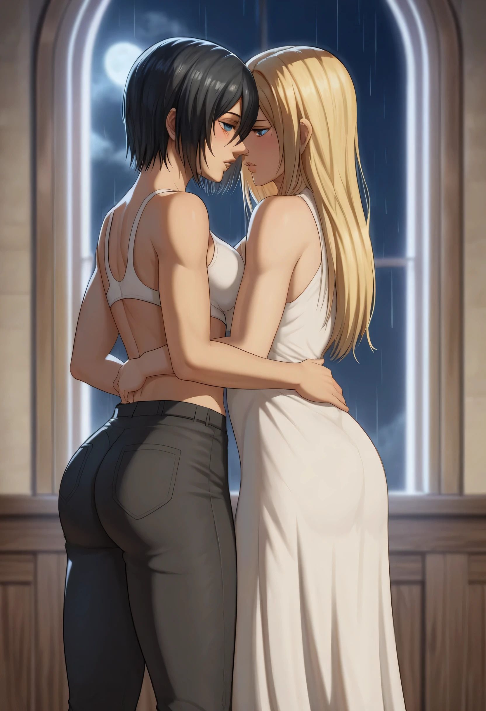 score_9, score_8_up, score_7_up, BREAK source_anime, historia reiss, blue eyes, blonde hair, long hair, medium breasts, long white dress sleeveless,female black hair soldier hugs historia from behind,Mikasa with historia hugs historifrom behind,mikasa wreanig black sport bra and black combat pants,Mikasa female with short hair,mikasa female medium breasts,,in night,moon in sky,mikasa final season,mikasa taller than historia,Mikasa hugs historia from behind,mikasa short black hair,historia blonde long hair,mikasa final season,girl× girl,yuri,lesbians,romantic yuri,girls love, raining outside the window,mikasa hold historia between her hands,historia tears,HD,historia in walls 