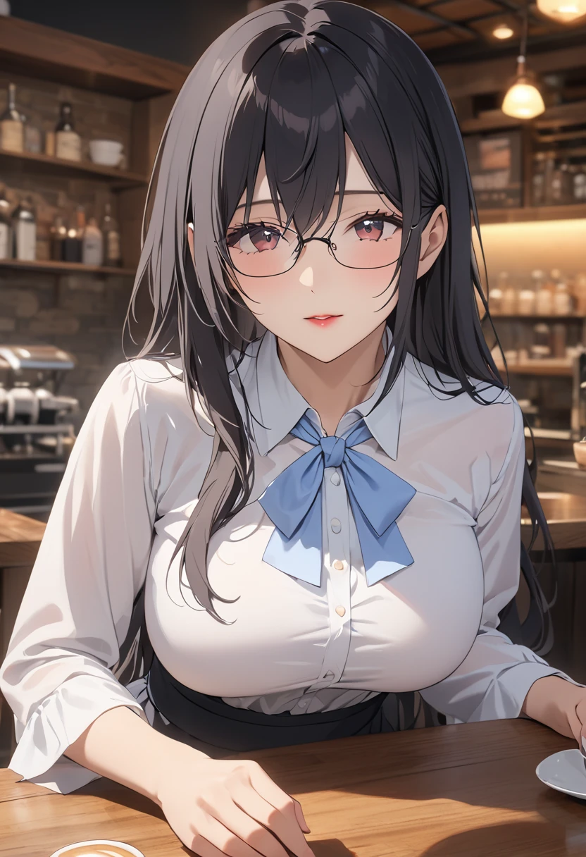 (Best Quality, 4K, 8k, High resolution, masterpiece:1.2), Very detailed, Picturesque, Animation Photos, Photo Animation:1.37)、Cafe、Beautiful Japanese Women、Black Hair、Long Hair、White shirt、Big Breasts、Square Glasses、Hanyu Mayuri 