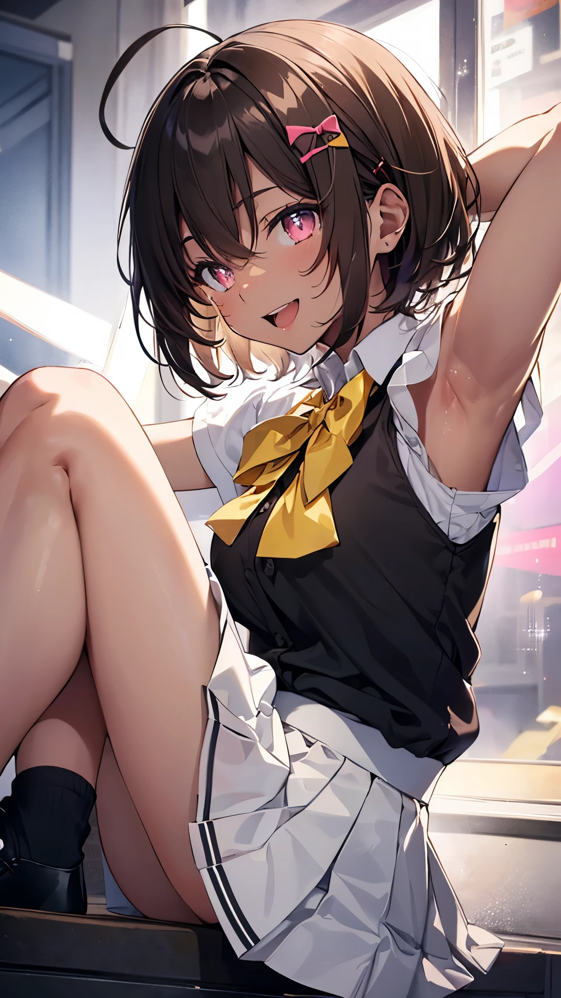 (shot from side,armpit focus),lemon yakishio, short hair, brown hair, ahoge, pink eyes, hair clip, hair between eyes, dark skin, dark-skinned female,
skirt, shirt, bow, school uniform, white shirt, short sleeves, pleated skirt, bowtie, yellow bow, grey skirt, yellow bowtie, green bow, green bowtie, (upper body:1.3),open mouth,smile,spread armpit, arms behind head,(spread legs:1.3),(legs up), masterpiece,Noise Reduction,perfect anatomy,high resolution, ultra-detailed, ultra-detailed face,game cg,dutch angle ,beautiful detailed eyes,visualart,five fingers, perfect hands, perfect lighting, sparkling pupils,