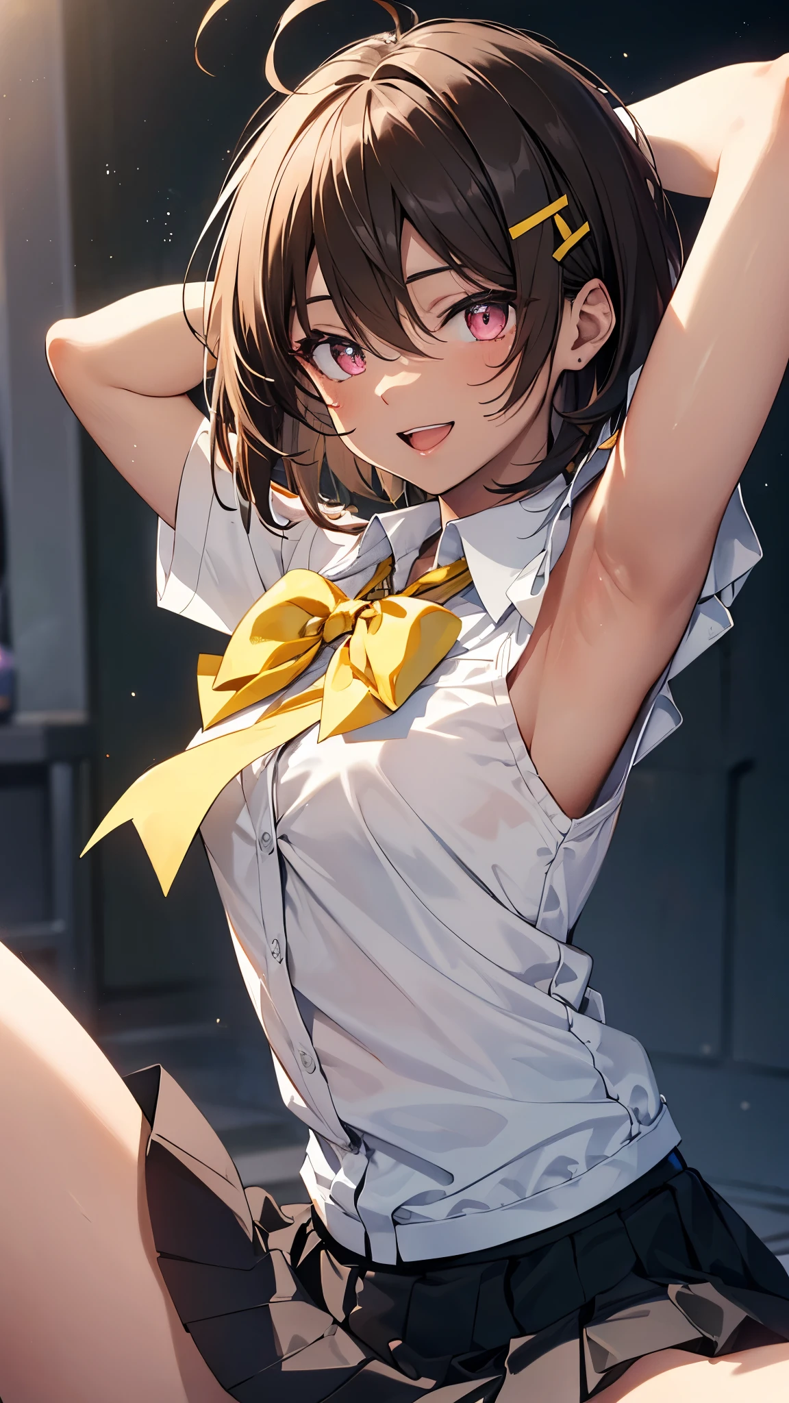 (shot from side,armpit focus),lemon yakishio, short hair, brown hair, ahoge, pink eyes, hair clip, hair between eyes, dark skin, dark-skinned female,
skirt, shirt, bow, school uniform, white shirt, short sleeves, pleated skirt, bowtie, yellow bow, grey skirt, yellow bowtie, green bow, green bowtie, (upper body:1.3),open mouth,smile,spread armpit, arms behind head,(spread legs:1.3),(legs up), masterpiece,Noise Reduction,perfect anatomy,high resolution, ultra-detailed, ultra-detailed face,game cg,dutch angle ,beautiful detailed eyes,visualart,five fingers, perfect hands, perfect lighting, sparkling pupils,