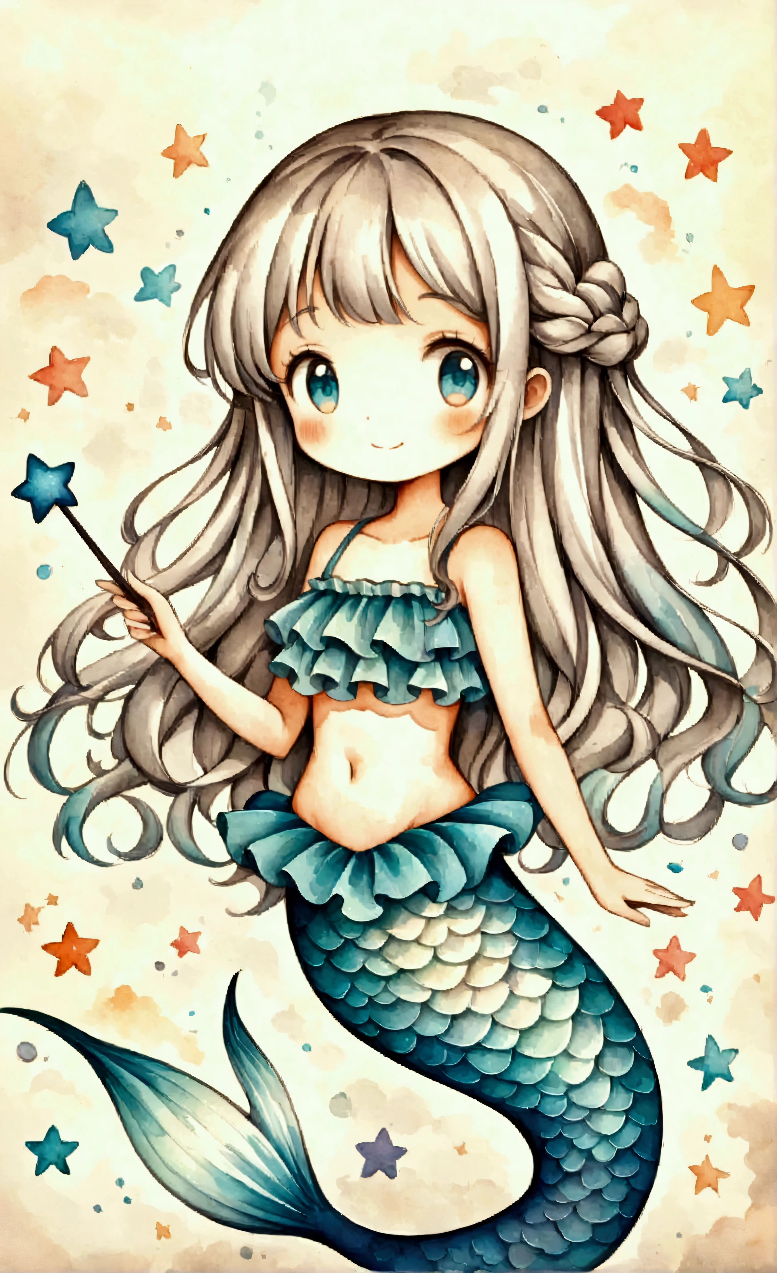 Illustration,(Cute Mermaid:20 years old:Long Hair:Braiding:Two knots:Ruffled swimsuit:Magic wand:Smiling Kindly),Cute Illustration,Surreal,Artwork,Expressive,It&#39;s an illustration like a picture book..,draw with thick lines,Please draw with a gentle touch.,Drawing with pencil and watercolor,Gabriel Pacheco Style Page,Anatomically correct,Perfect Anatomy,Structurally correct,Optimal Configuration,Drawing every detail carefully,break,(Mermaids have light blue or silver hair.,She has a blue star in her hair),break,(The mermaid swimsuit uses a lot of mermaid blue frills.)