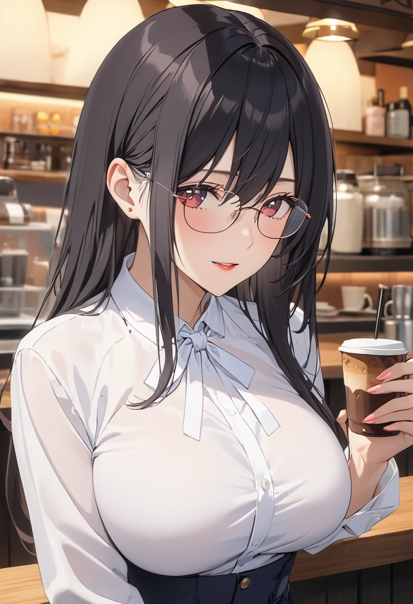 (Best Quality, 4K, 8k, High resolution, masterpiece:1.2), Very detailed, Picturesque, Animation Photos, Photo Animation:1.37)、Cafe、Beautiful Japanese Women、Black Hair、Long Hair、White shirt、Big Breasts、Square Glasses、Hanyu Mayuri 、2.5 Jigenoririsa