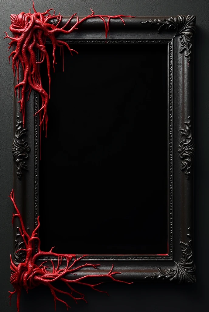 A null red photo frame hanging on a horror and tarrifying wall tha wall colore is black and wall coverd by fire viens