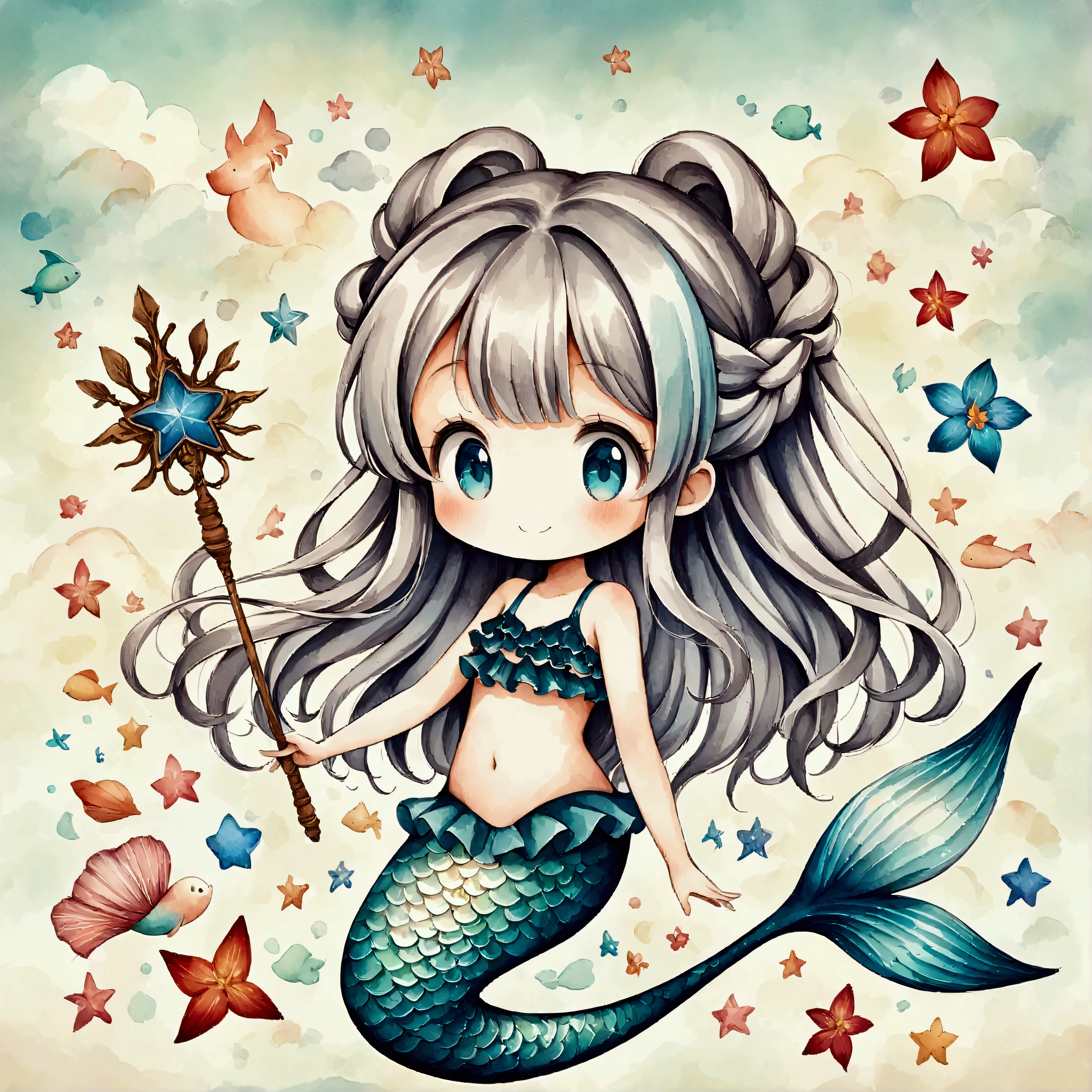 Illustration,(Cute Mermaid:20 years old:Long Hair:Braiding:Two knots:Ruffled swimsuit:Magic wand:Smiling Kindly),Cute Illustration,Surreal,Artwork,Expressive,It&#39;s an illustration like a picture book..,draw with thick lines,Please draw with a gentle touch.,Drawing with pencil and watercolor,Gabriel Pacheco Style Page,Anatomically correct,Perfect Anatomy,Structurally correct,Optimal Configuration,Drawing every detail carefully,break,(Mermaids have light blue or silver hair.,She has a blue star in her hair),break,(The mermaid swimsuit uses a lot of mermaid blue frills.)