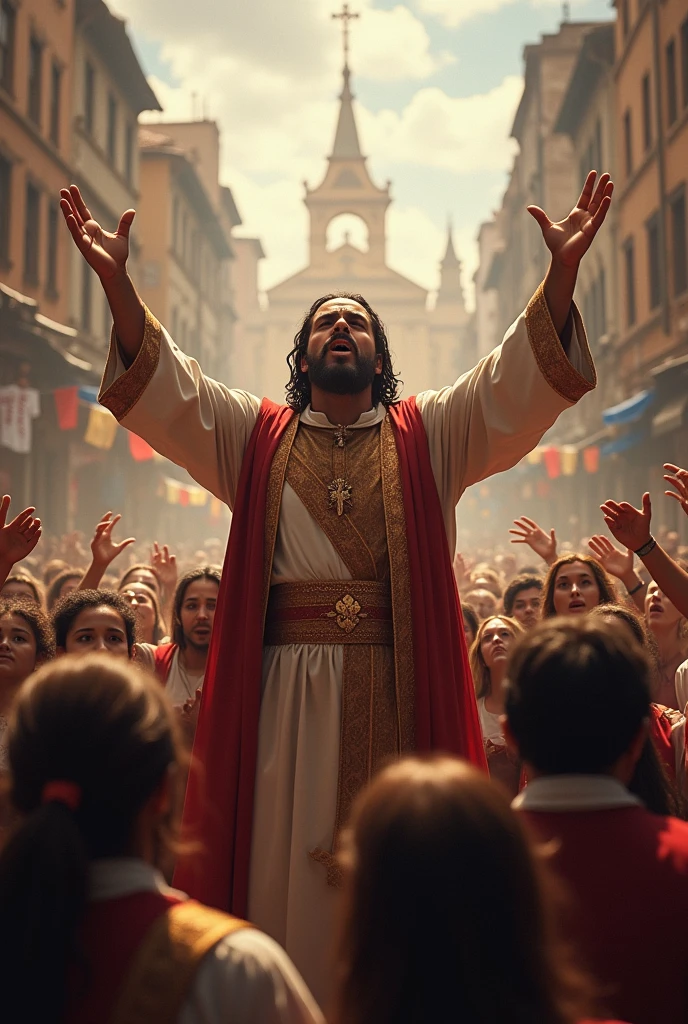 center image:



Paulo in two moments:stalker: Severe expression, Dark clothes, frown, holding stones/swords (simbolizando persecution).

apostle: serene face, white robes/clear, hands in prayer position, divine light around (symbolizing faith). Close up em Paulo: 

tears in the eyes (optional), representando arrependimento e conversion. stylised illustration: conveying timelessness of the story. Additional Elements: lightrays (Divine Revelation). scenes: Paul stoning Stephen (persecution).

Paul falling from his horse on the road to Damascus (conversion).

Paul preaching to crowds (apostleship).  Color Combinations:



swirly vibrant colors: yellow, orange and blue to capture attention and convey Paul&#39;s epic journey. objective:



Attractive and impactful thumbnail that captures the public&#39;s attention and awakens curiosity about Paul&#39;s story.
