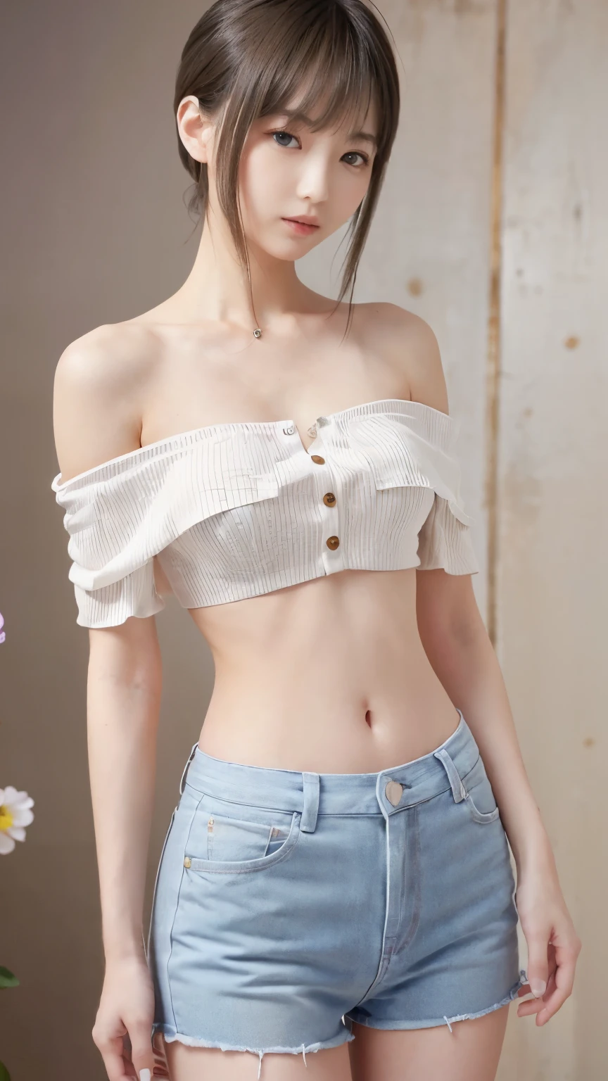  (High image quality:1.48)、(Stylish adult woman:1.48)、(Huge breasts:1.48)、(とてもSmall waist:1.48)、((Small waist:1.48))、(small size shirt:1.48)、(Off the shoulder:1.48)、(Beautiful belly button:1.48)