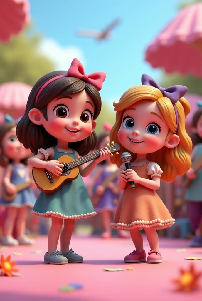 A little girl with colorful hair stands on stage playing the violin,Do not wear panties and bras(toppless) 8k front photography wallpaper --auto