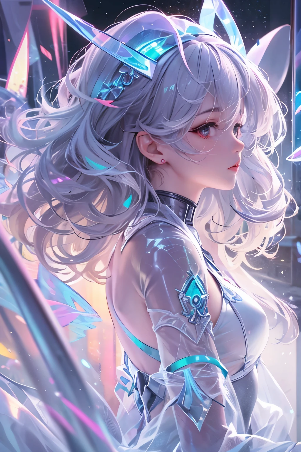 raw photo:1.2, masterpiece:1.2, highres, highest quality, beautiful detailed, ultra-realistic, photorealistic:1.37, humanoid hologram girl(translucent body:1.8) on the floor, perspective light particle trail:1.8, a trail of laser light creating a hologram from above