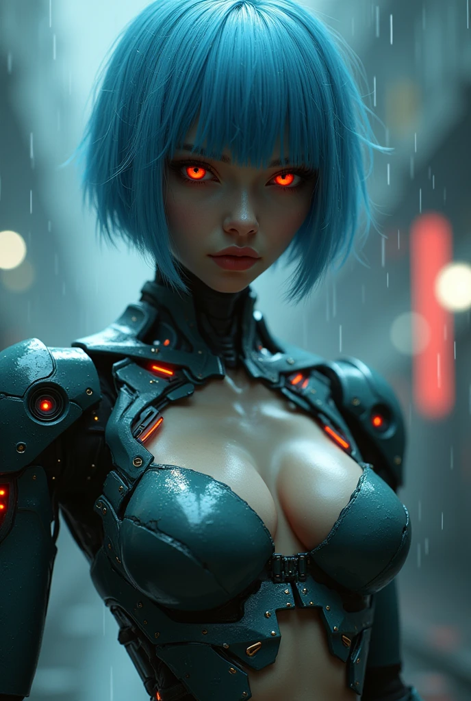A female busty robot with blue metallic skin, red metal armor, (silver beads of sweat of liquid metal on body:1.2)