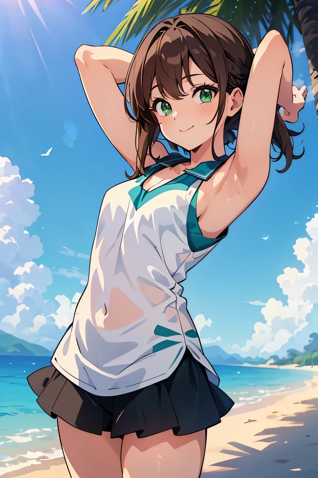 1girl,dark green hair,closed eyes,:d,smile,cowboy shot,looking at viewer,dynamic pose,beach,detailed eyes,tank top,skirt,plaid skirt