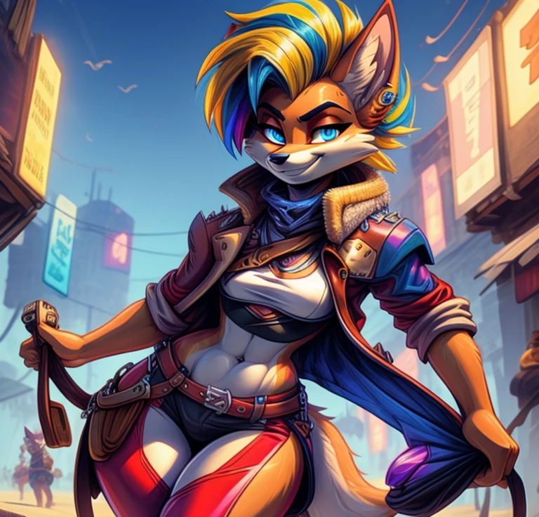 Best quality, Super detailed illustration, cartoon illustration, a furry male bandicoot, blue eyes, village clothing, detailed face and body, disheveled thick rainbow colored hair, dark red fur, two-tone dark red fur, red wolf tail, blue and yellow striped leather coat, red pants, smug smile, beautifully detailed eyes, against the background of blue beach in the cyberpunk era, retrowave, skinny, wide hips, style