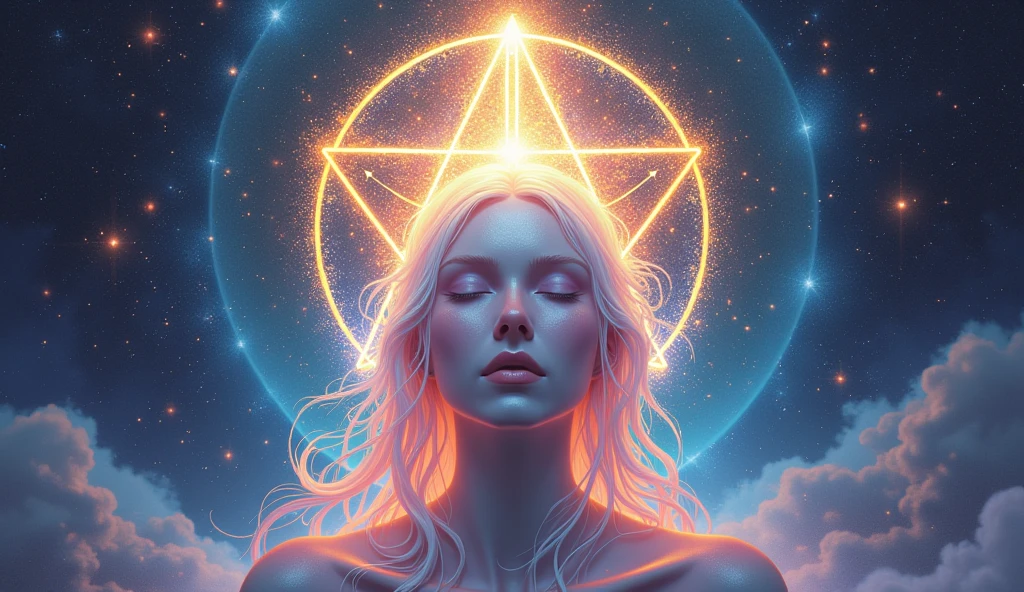 Half-naked aunt shows off a rather slender figure. she has grayish white hair , She has short hair and big pale green eyes., Immortal Goddess, Super beautiful, 8k, Super big breasts, Meditating, Sitting cross-legged, shining golden magic circle spinning behind her, blue magical aura surrounding her, magical blue pink yellow fire, fancy, milky way background, (4 elements, fire, Water, wind, land, surround it),