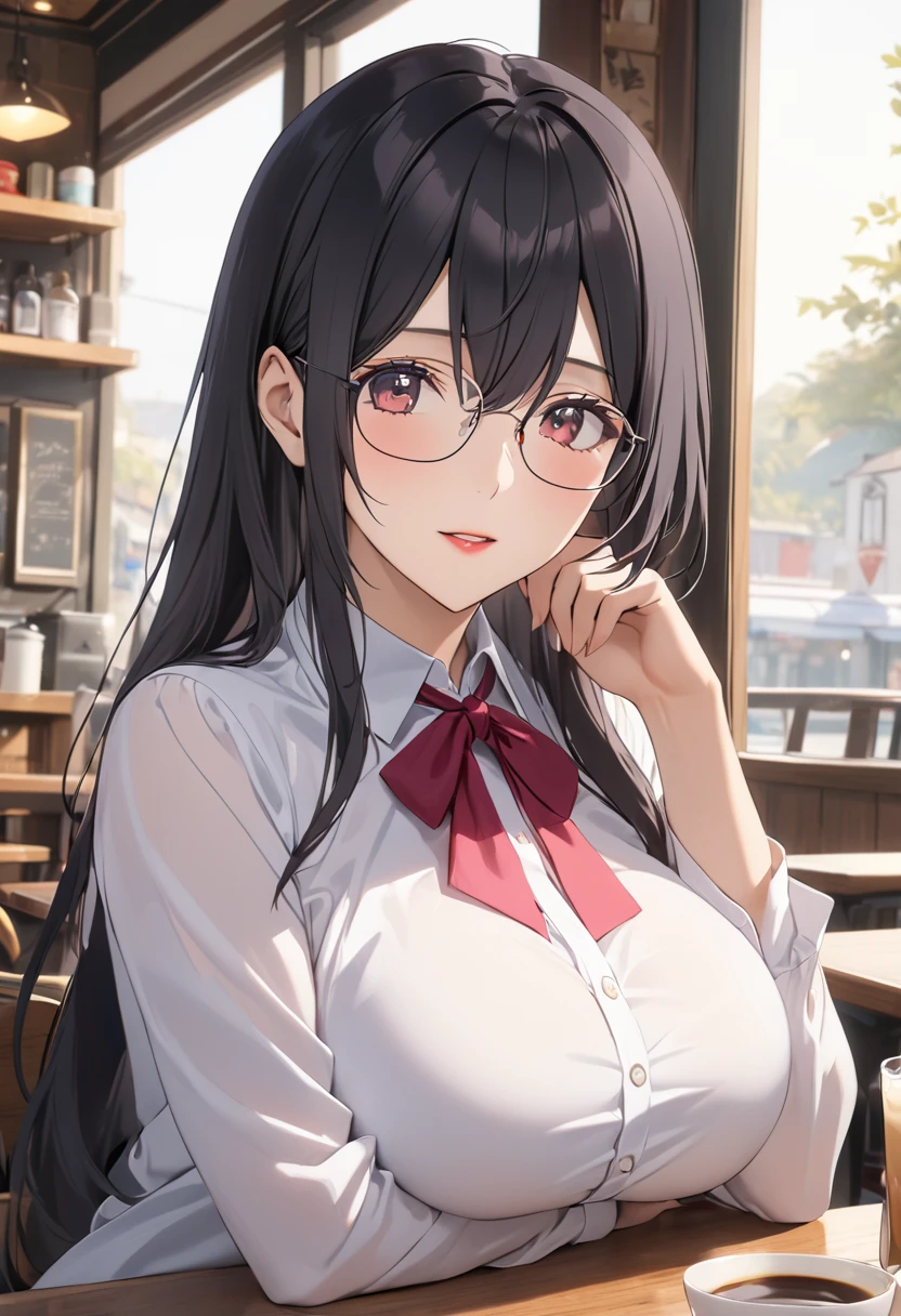 (Best Quality, 4K, 8k, High resolution, masterpiece:1.2), Very detailed, Picturesque, Animation Photos, Photo Animation:1.37)、Cafe、Beautiful Japanese Women、Black Hair、Long Hair、White shirt、Big Breasts、Square Glasses、Hanyu Mayuri 、2.5 Jigenoririsa