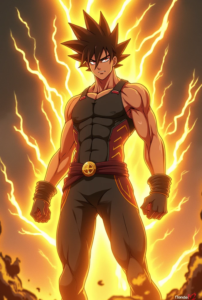 (Boy),(teenager ),(young),(light brown skin color),(bright brown eyes),(average physical height of a teenager),(short black curly hair Brazilian Afro style),(Transforming into a super Saiyan level 1)