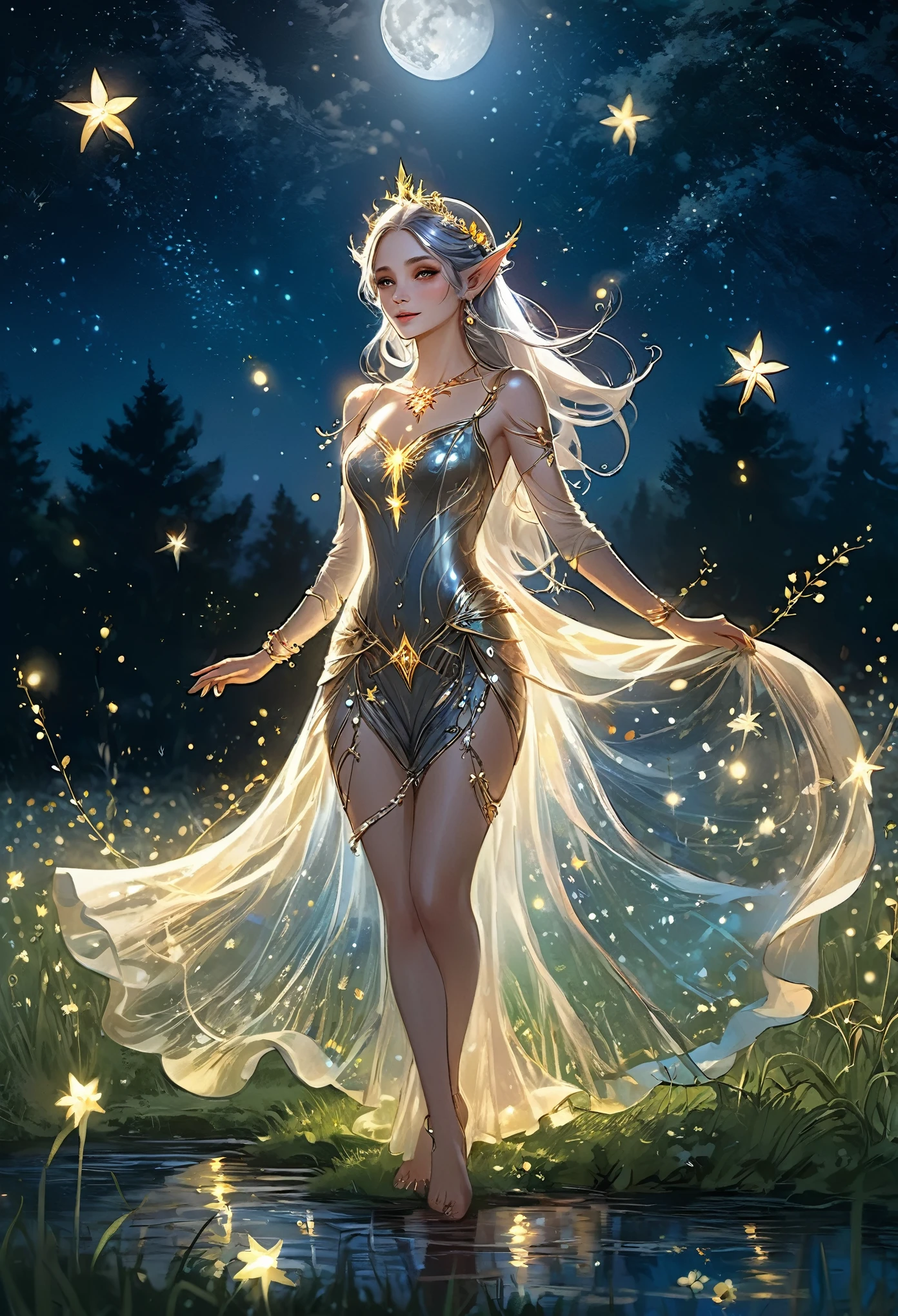 A regal sexy hot stunning attractive bare elf, adorned in intricate gold and silver jewelry, dancing gracefully in a moonlit meadow filled with fireflies and sparkling stars.