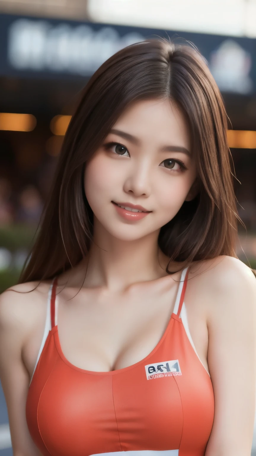 8k,Best Quality,(masterpiece:1.2),(Realistic),(Realistic:1.37),Ultra-high resolution,One female university student,Beautiful teeth alignment, Well-formed fingers,Long Hair,circuit,(((Race Queen))),Big Breasts,Perfect body,Perfect Fingers,Beautiful Skin,Professional Lighting,gravure,Detailed face and skin texture,fine grain,RAW Photos