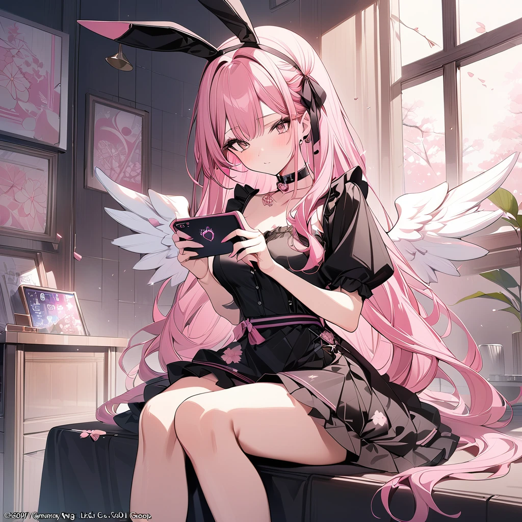 1girl, jibril \(no game no life\), angel, angel wings, animal ears, asymmetrical legwear, bird ears, breasts, bridal gauntlets, compass rose halo, feathered wings, halo, large breasts, long hair, looking at viewer, low wings, midriff, mismatched legwear, multicolored eyes, pink hair, purple eyes, solo, white wings, wing ears, wings, yellow eyes, gamer girl lying on a gaming chair, lying down, (hold game controller with one hand:1.1), kinky smile, (headphones on her head), gaming room, multiple game display, Knees up, knees apart. feet apart, playstation controller, extreme wide shot, (wear only a hoodie:1.4), (no panties) (showing clit pussy between legs) (Semen Liquid Dripping out of pussy : 1.3) masterpiece, best qualit,