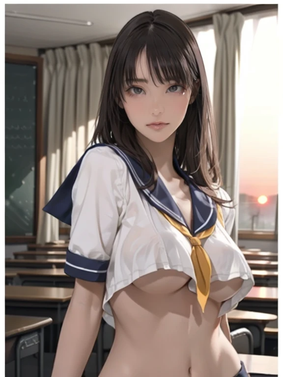 (8k,Photorealistic, masutepiece, Best Quality, Raw photo:1.3)、1girl in, 25years old,Solo,adult girl, Long hair, Brown hair, Detailed beautiful face, alluring face, (Detailed beautiful brown eyes:1.2), big breasts,(underboob:1.3),(coverd nipples:1.1),(loos school uniform :1.35), ( Perfect body skinny beauty: 1.4),( temptation Pose:1.3), (Looking at Viewer, front view,eyes focus:1.2), Detailed background, (sunset:1.2), classroom,fine detailed, intricate detailes,  Ray tracing, depth of fields, seductive smile,classroom,