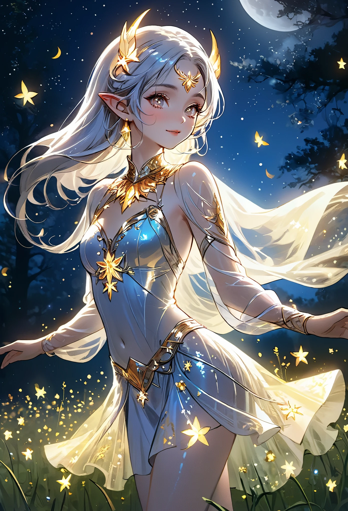 A regal sexy hot stunning attractive bare elf, adorned in intricate gold and silver jewelry, dancing gracefully in a moonlit meadow filled with fireflies and sparkling stars.