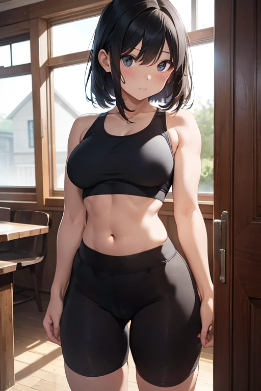 (best quality, Dynamic Lighting, Very detailed, Human Development Report) Young woman with brown hair, Mature, beautiful, Bob Hairstyle, Brown eyes, Slim, small medium breasts, Bare shoulders, hoodie, sleeveless, Tight yoga pants, Camel toe, Smile, Gym background.