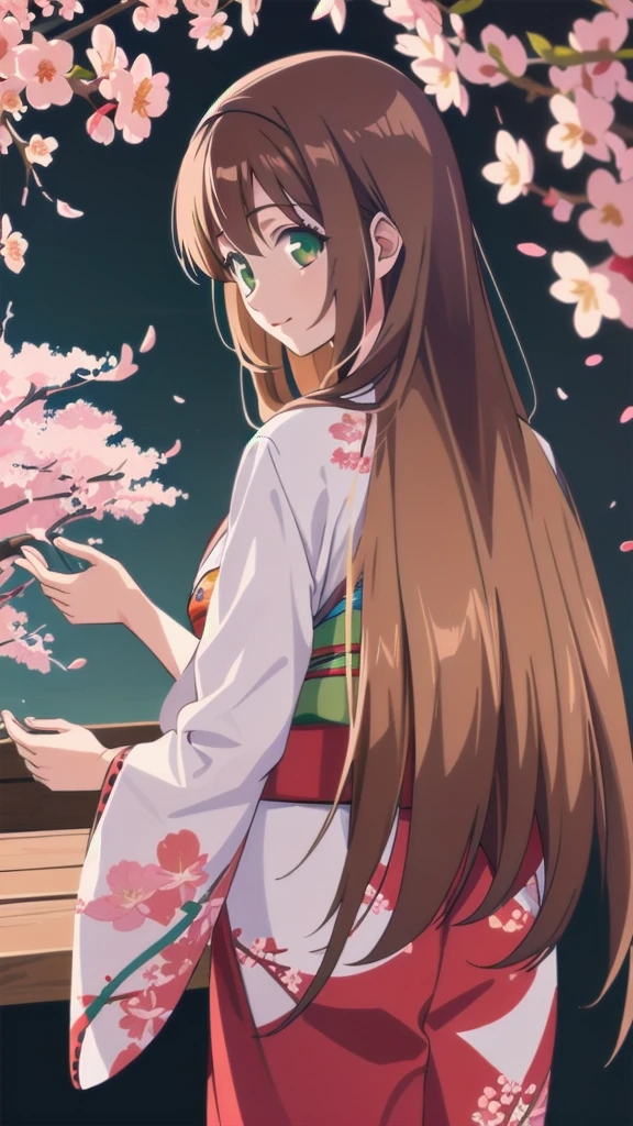 masterpiece,best quality,highres,illustration,hyper detailed,8k cg wallpaper,ray tracing,((brown hair:1.2)),((green eyes:1.2)),((straight hair:1.2)),((long hair:1.2)),(hiten1:0.8),((cherry blossom:1.1)),((cowboy shot:1.1)),((kimono:1.1)),((petals:1.1)),((floral print:1.1)),((from behind:1.1)),((looking back:1.1)),light smile,closed mouth,