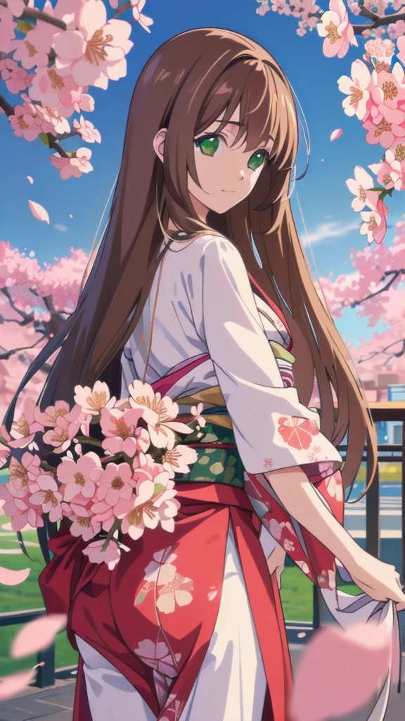 masterpiece,best quality,highres,illustration,hyper detailed,8k cg wallpaper,ray tracing,((brown hair:1.2)),((green eyes:1.2)),((straight hair:1.2)),((long hair:1.2)),(hiten1:0.8),((cherry blossom:1.1)),((cowboy shot:1.1)),((kimono:1.1)),((petals:1.1)),((floral print:1.1)),((from behind:1.1)),((looking back:1.1)),light smile,closed mouth,