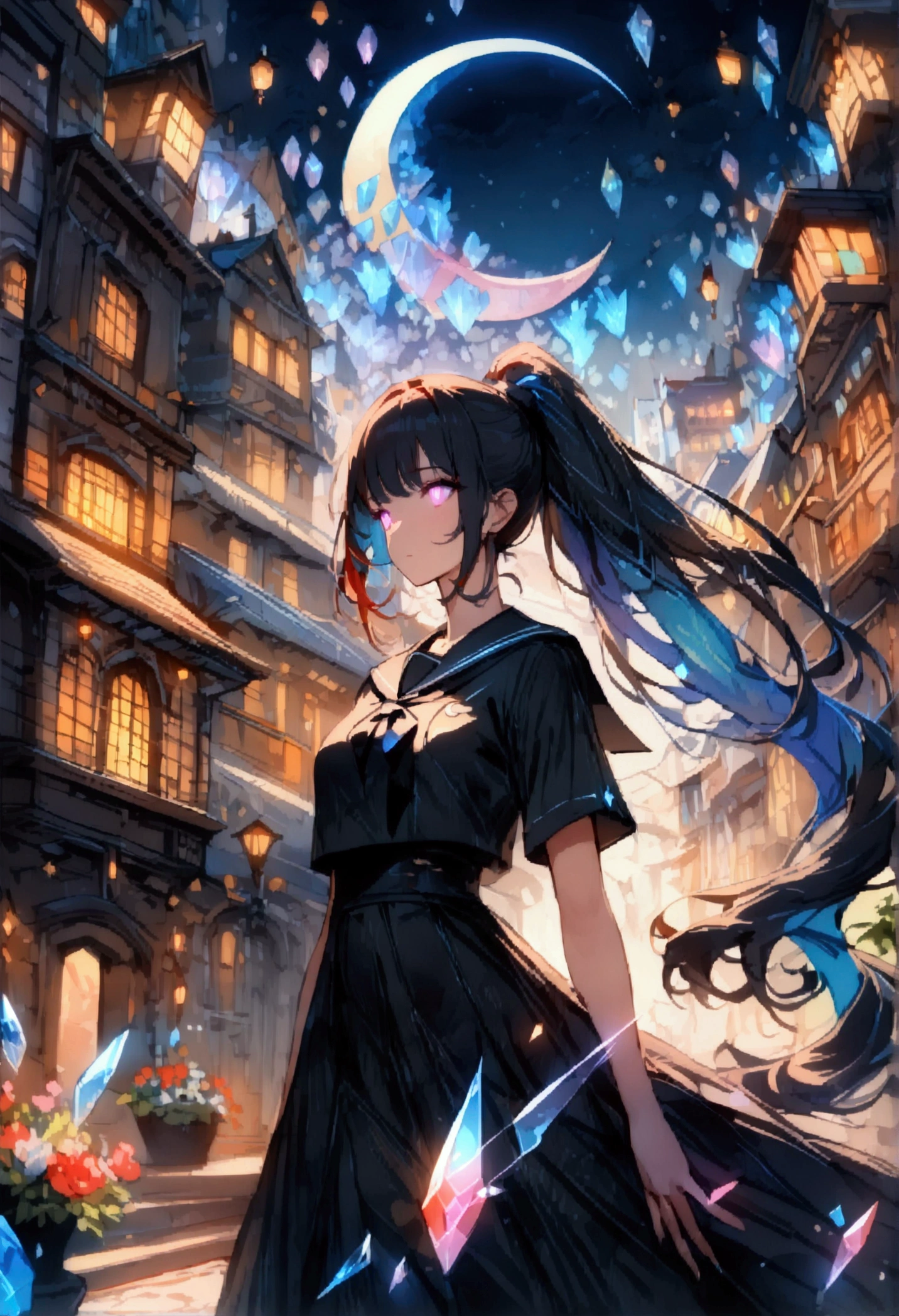 1Girl, long flowing hair, high ponytail, multi colored hair, floating city, glowing eyes, black sailor uniform, expressionless , looking to the sky, colorful fish on the sky, dreamy, flowers bloom , (Crystalline bubbles shine like prisms here and there in the sky), crescent moon and stars, (masterpieces:1.3),(outdoor lighting:1.1),(dreamy:0.5),(sky paint:0.25),(chaotic:0.25) ,gloss 0.5,Active Effect