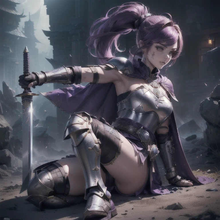 Super Real, ((Best Quality)), Extremely detailed. Full body portrait (((3 female。Veteran Mercenary。Facial scars。Well-used, dirty and scratched plate mail。Purple short cape。Upper Arm Armor、Elbow Armor、Thigh and shin guards、Waist guard with kusazuri armor。Captain class long sword。Rose motif shield。Right foot on helmet。Dagger and mace on belt。Heavy Gauntlets。Model: Vica Kerekes。Hair up in a ponytail。 A straight nose、Beautiful, precise images down to the finest detail、The face is a little long, Eyes are wide open and eyeliner is worn.。 Thin eyebrows with a &#39;ㇵ&#39; shape。A look of surprise and confidence。system：Wide shoulders 1.8.　Long neck。Tight waist 1.６。Big Breasts 1.4。Slightly wide hips))) (((Evening scenery。A deserted outskirt、Moroccan landscape、)))