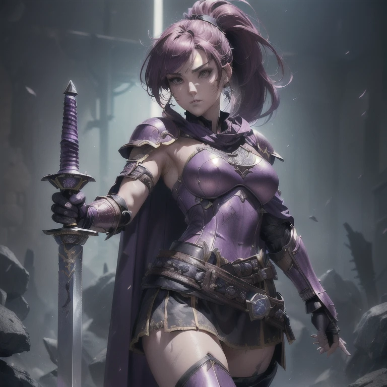 Super Real, ((Best Quality)), Extremely detailed. Full body portrait (((3 female。Veteran Mercenary。Facial scars。Well-used, dirty and scratched plate mail。Purple short cape。Upper Arm Armor、Elbow Armor、Thigh and shin guards、Waist guard with kusazuri armor。Captain class long sword。Rose motif shield。Right foot on helmet。Dagger and mace on belt。Heavy Gauntlets。Model: Vica Kerekes。Hair up in a ponytail。 A straight nose、Beautiful, precise images down to the finest detail、The face is a little long, Eyes are wide open and eyeliner is worn.。 Thin eyebrows with a &#39;ㇵ&#39; shape。A look of surprise and confidence。system：Wide shoulders 1.8.　Long neck。Tight waist 1.６。Big Breasts 1.4。Slightly wide hips))) (((Evening scenery。A deserted outskirt、Moroccan landscape、)))