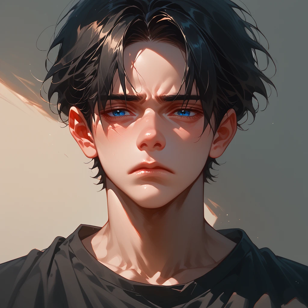 a boy, pretty face, dark blue eyes, tired look, black room, eyes on the beholder, physically strong, anime, hentai, black hair, dark circles, leve barba
