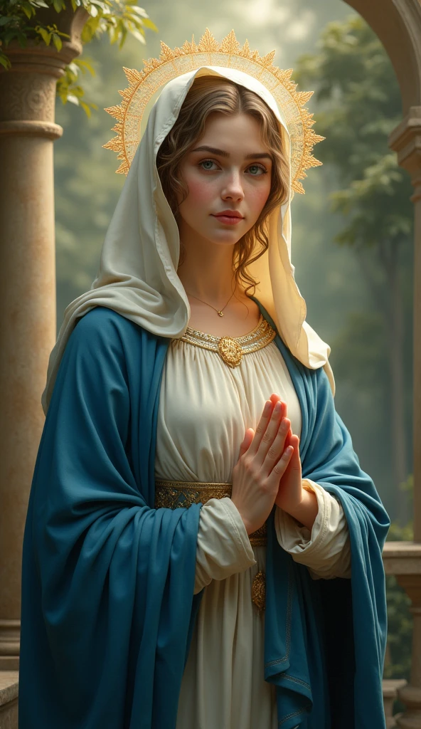 ((Blessed Virgin Mary. 19 years old))) ((( Con una cara seria y piadosa. Con una mirada dulce y tierna))) (obra maestra, calidad superior, mejor calidad, arte oficial, beautiful and aesthetic: 1.2), (1girl), extremadamente detallado, (Arte fractal: 1.3), colorido, highest detailed, Cara perfecta, parte superior del cuerpo, HDR, (orando: 1.3), (golden lines of white coat: 1.2), galaxia, (rayas de luz), eye-catching visuals, (dynamic stripes, senderos luminosos: 1.2), colores vibrantes,