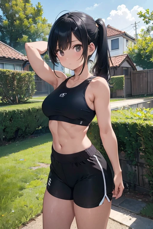 (Sweat, White skin:1.5、Light gray sports bra, Black stained clothing:1.5), cameltoe, Brand logo on the bra, Fitness, Bodybuilding Poses, ((ブラにSweat染み:1.5, Sweatで濡れている, Sweat染み, black sblot on グレースポーツブラ:1.5)),Big Breasts, Sturdy body