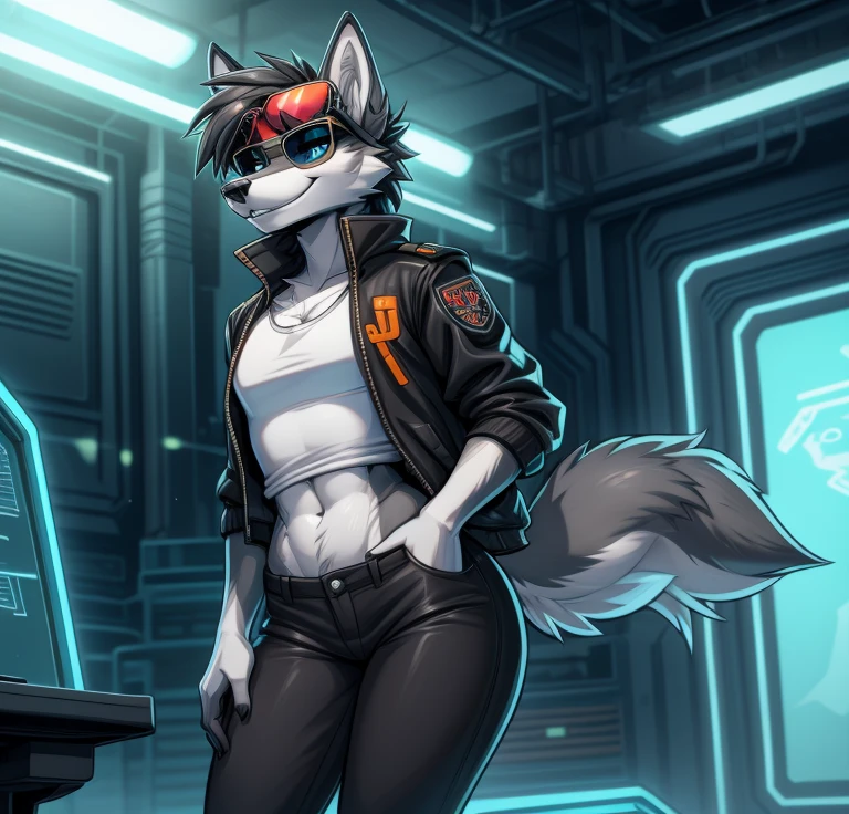 Best quality, Super detailed illustration, cartoon illustration, a furry male wolf, detailed face and body, sharp slick black colored short hair, gray and white fur, two-tone dark gray fur, gray and white two-toned colored wolf tail, blue and white striped high school jacket, black pants, orange sunglasses, evil smile, beautifully detailed eyes, against the background of a green screen inside of a studio in the cyberpunk era, retrowave, skinny, wide hips, style